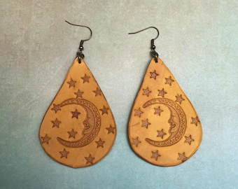 Moon Tooled Leather Earrings