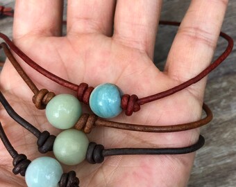 Natural stone Choker - leather necklace- Amazonite choker