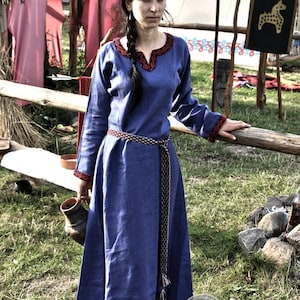 Early Medieval trimmed linen dress with  wool woven selvage for Viking and Slavic woman costume| Medieval Kirtle, LARP, SCA, Ren Fair