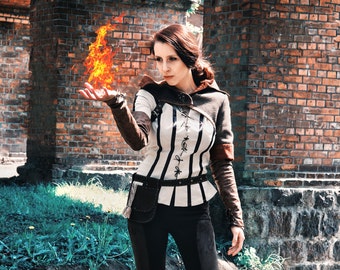 Triss Merigold Handmade Сosplay Apparel Longsleeved Cream Front-Laced Shirt with Satin Stripes from the Witcher 3 game costume, LARP costume