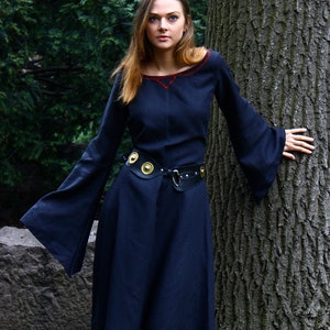 Fantasy satin cotton /mixed linen embroidered wide dress inspired by LOTR with wide sleeves Middle Ages, elf Ren Faire Costume Dark blue