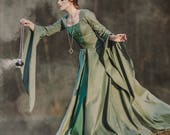 lady of the lake dress |medieval Renaissance Faire Elf Fantasy Satin Cotton Wide Gown With Long Embroidered Flowy Sleeves, Back Lacing, LARP medieval dress names