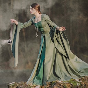 LADY of the LAKE |Medieval Renaissance Faire Elf Fantasy Satin Cotton Wide Dress Gown with Long Embroidered Flowy Sleeves, Back Lacing, LARP