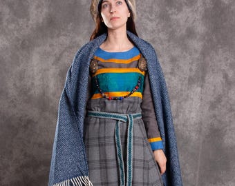 Early Medieval Slavic Viking woman clothing set with wide linen dress, wool apron dress, 100% raw wool blanket, wool hat with white fur