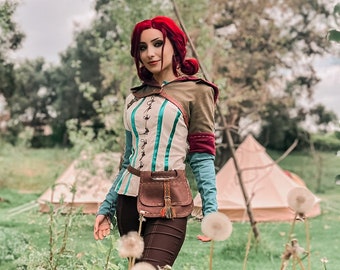 Triss Merigold Cosplay Costume Set of Wool Hooded Cape Jacket, Cream Shirt, Faux Leather Mittens and bag for Witcher Inspired  LARP costume