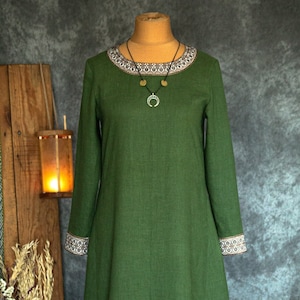 Early Medieval-inspired Slavic Viking Celtic Ceremonial Wide Loose Linen Dress Trimmed with Decorative Embroidered Floral Geometric Edge