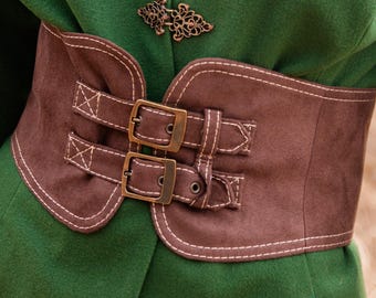Fantasy wide corset belt with double buckles made of artificial suede with cotton lining | Cosplay vegan leather corset belt for LARP SCA