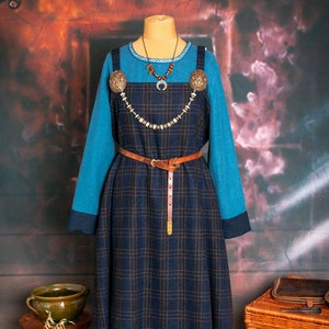 Early Medieval plaid/checked/tartan wool apron dress smokkr for Viking and Slavic woman historical reenactment costume in custom size
