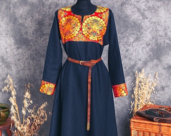 Early Medieval rich wide linen dress trimmed with Oseberg red/yellow silk brocade hems for Viking and Slavic woman reenactor costume, LARP