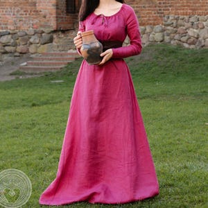 Medieval Renaissance Faire Natural Linen Wide Chemise Peasant Dress Gown with Pleated Neckline, Cottagecore dress, Renaissance Night Dress image 1