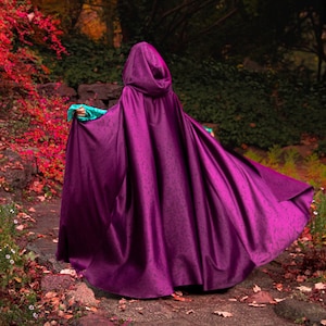 Medieval Renaissance Faire Elf Medium-weight Cotton Satin Wide Hooded Cloak Cape with Metal Clasp for LARP Cosplay, Witch Wizard Druid Cloak