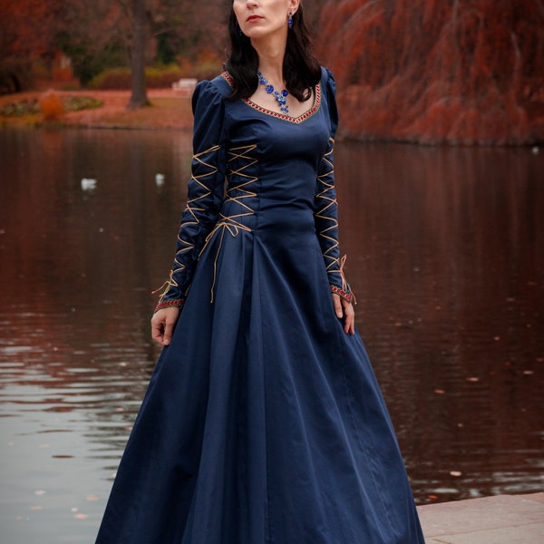 MEDIEVAL DREAM | Fantasy Renaissance inspired wide satin cotton laced tied rich dress with decorative trim  for LARP queen Ren Faire Costume