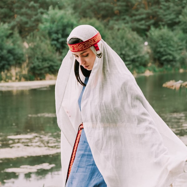AUF LAGER | Frühmittelalterlicher Kopfbedeckung aus 100 % natürlichem Leinen in Weiß mit großem und langem Schalschleier für die historische Nachstellung von Wikingern und slawischen Frauen