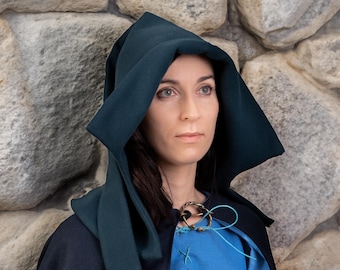 Capucha medieval ancha de lana con forro 100% lino con liripipe basada en patrón histórico para traje de recreación histórica de mujer medieval