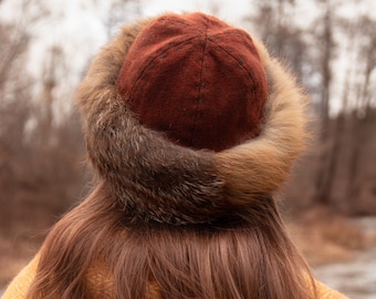 Early Medieval diamond wool round hat with red fox fur linen lining, based on found from Birka for Viking man and woman historical reenactor