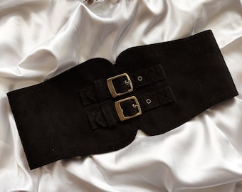 Vegan faux suede leather wide corset belt with metal double buckle and cotton lining for medieval Ren Faire LARP costume style cottagecore