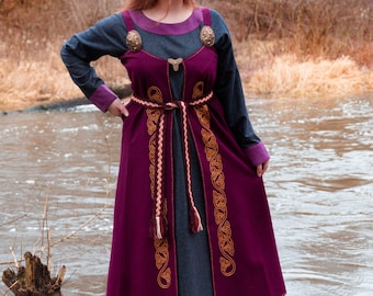 Early Medieval woollen apron dress with handmade silk embroidery for Viking Slavic historical reenactment costume, ren faire, LARP, SCA