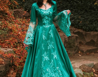 TURQUOISE MOTH | Fantasy Medieval wide laced satin lacy dress with  wide sleeves | Ren Faire Costume rich dress | Hurrem Sultan dress