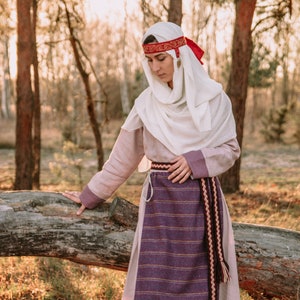 Early Medieval Slavic costume with embroidered headband, slavic linen dress, wool apron, medieval scarf , reconstruction, silk kerchief