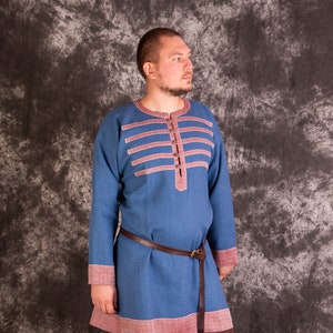 Early Medieval linen tunic of Birka with buttons and diamond twill hems for Viking man or Slavic man, Viking costume for men reenactors