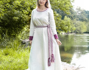 Early Medieval Natural Linen Wide Dress Trimmed with Linen and Handwoven Wool Trim Edge for Slavic Viking woman historical reenactor costume