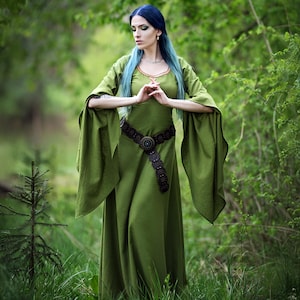 CELTIC FOREST | Medieval Celtic Renaissance Faire Elf Druid Blend Cotton Linen Fantasy Trimmed Dress Gown with Flowy Wide Long Sleeves LARP