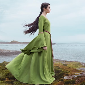 CELTIC FOREST | Medieval Celtic Renaissance Faire Elf Druid Natural Linen Fantasy Trimmed Laced Dress Gown with Flowy Wide Long Sleeves LARP
