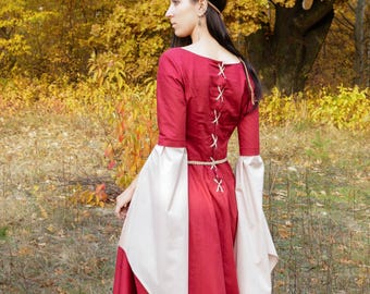 HERFST DAME| Middeleeuwse Renaissance Faire Elf Princess Fantasy dubbellaagse satijnen katoenen jurk met brede gedrapeerde mouwen, vetersluiting op de rug