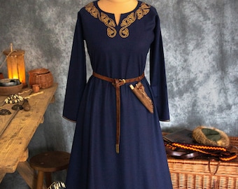 Early Medieval wide wool dress with split neckline and handmade silk embroidery for Viking and Slavic woman historical reenactment costume