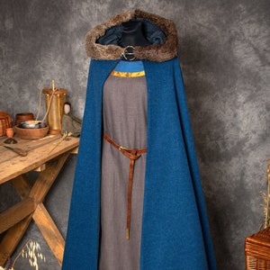 Thick wool 2-layer warm cloak with wide hood, natural fox fur, wool lining for Viking Slavic man woman historical reenactor coat costume
