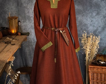 Early Medieval Viking wide warm wool dress with diamond twill wool hems for Viking and Slavic woman reenactor historical costume