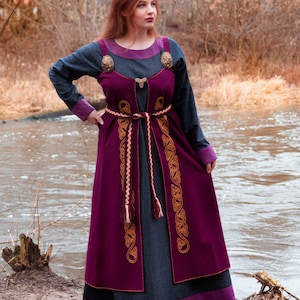 Early Medieval Scandinavian Wool Open Apron Dress with Handmade Silk Embroidery for Slavic Viking Historical Reenactment Woman Costume, LARP