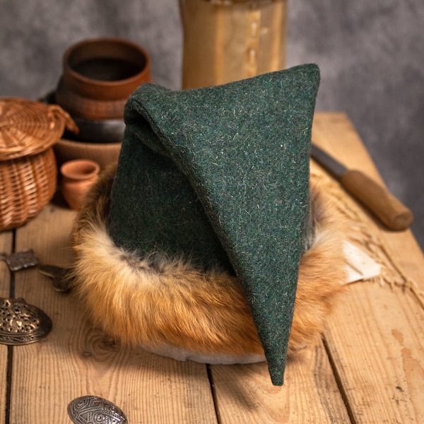 Early medieval triangle warm wool hat with natural red fox fur and pure linen lining for Viking man and woman historical reenactment costume