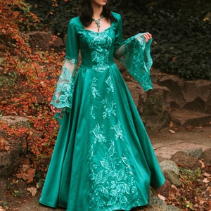 TURQUOISE MOTH | Fantasy Medieval Renaissance Faire Cotton Satin Wide Laced Dress Gown with Sheer Bell Wide Sleeves, Princess Queen Dress