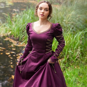 MEDIEVAL DREAM | Medieval Queen Renaissance Faire Elf Fantasy Princess Blend Viscose Wide Laced Trimmed Dress With Laced Puffy Sleeves, LARP