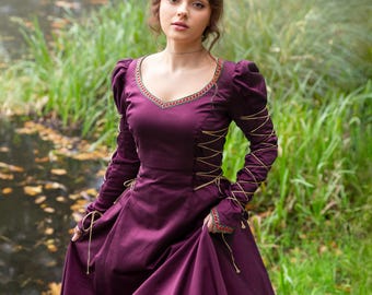SUEÑO MEDIEVAL / Vestido de viscosa con ribete ancho de encaje y mangas abullonadas de encaje para LARP, reina medieval, renacimiento, elfo, fantasía, princesa