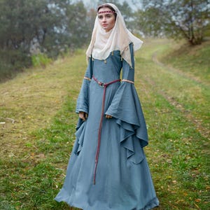 CELTIC FOREST | Medieval Celtic Renaissance Faire Elf Arwen Blend Viscose Fantasy Trimmed Dress Gown with Flowy Wide Long Sleeves LARP