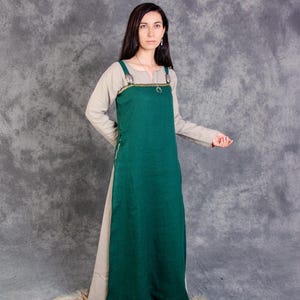 Fantasy Celtic Viking Natural Linen Apron Dress Pinafore with Front Trim and Side Lacing for Ren Faire | Medieval LARP Norse Freya costume
