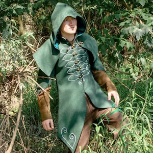 FOREST RANGER | Fantasy wool blend coat with handmade embroidery and big hood for elven ranger warrior cosplay larp sci fi, ren fest