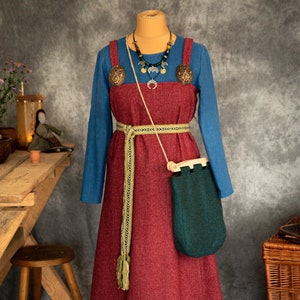 SIGRID | Early Medieval Scandinavian-inspired Viking woman costume with wide linen dress, wool apron dresss smokkr, wool woven belt and bag