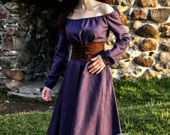SPRING VIOLET | Fantasy Medieval pure linen dress with corset belt, elves fairy linen wedding dress for medieval cosplays, Ren Faire Costume