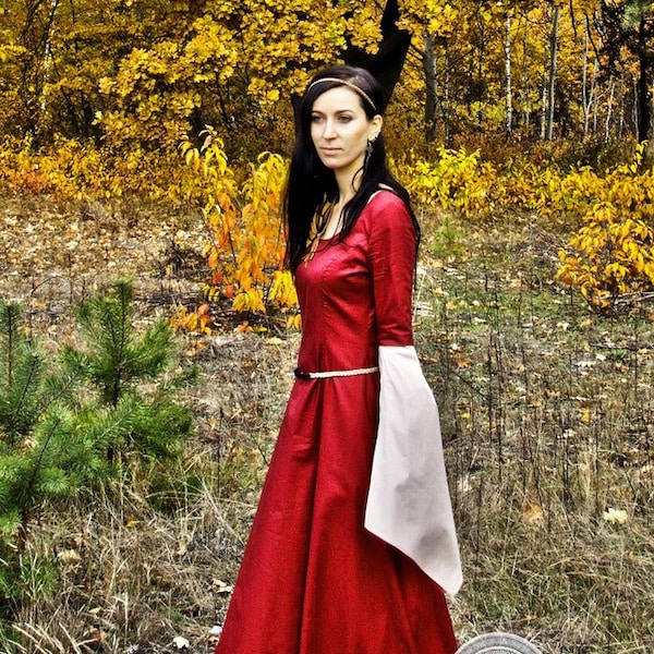 AUTUMN LADY| Fantasy Medieval Queen fairy laced  double dress with wide long sleeves | Forest Elf Queen dress, LARP and Ren Faire Costume