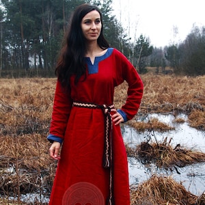 Early Medieval trimmed wide linen dress with narrow linen hems, 2 wedges and slit neckline for Viking Slavic woman historical costume