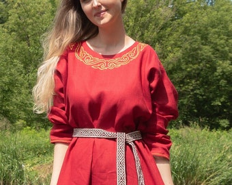 Medieval linen underdress with handmade cotton embroidery, Viking linen dress with embroidery, linen slavic wedding dress