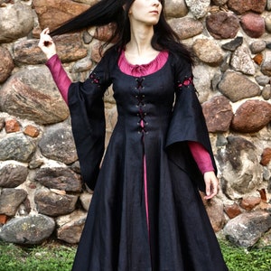 MORGAINE | Fantasy Medieval Renaissance satin cotton/mixed linen laced overdress with wide removable sleeves| elf cosplay, Ren Faire Costume