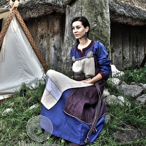 Early Medieval Scandinavian Natural Linen Trimmed Open Apron Dress with Front Panel for Viking Slavic Woman Historical Reenactment Costume