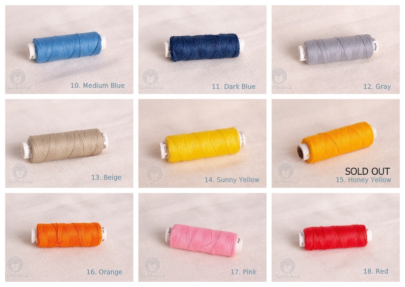 May include: A collection of 18 spools of thread in various colors, including medium blue, dark blue, gray, beige, sunny yellow, honey yellow, orange, pink, and red. The spools are labeled with numbers 10 through 18.