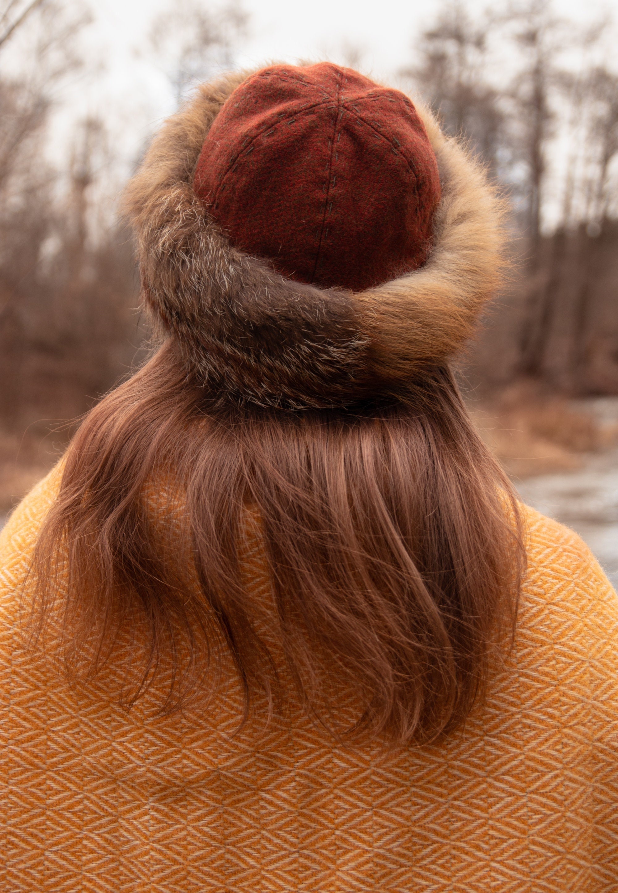 Early Medieval Diamond Wool Round Hat With Red Fox Fur Linen Early Medieval Diamond Wool Round Hat With Red Fox Fur Linen