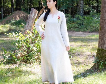 Embroidered Linen Summer Dress, Loose Fit, Medieval Inspired Boho Style