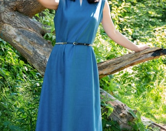 Early Medieval Birka Natural Linen Sleeveless Wide Maxi Dress with Small Slit V-neck for Slavic Viking woman costume, LARP Ren Faire dress